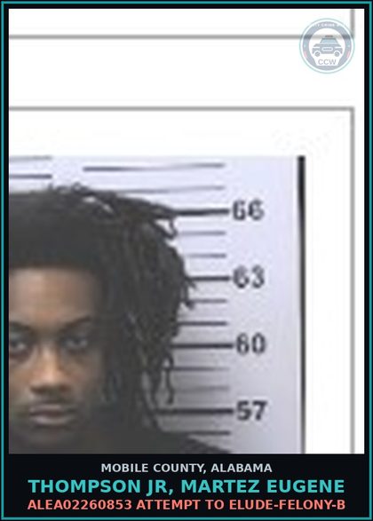 CCW arrest card for THOMPSON JR, MARTEZ EUGENE in Mobile County: ALEA02260853 RECKLESS ENDANGERMENT