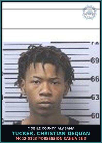 CCW arrest card for TUCKER, CHRISTIAN DEQUAN in Mobile County: MC22-0123 POSSESSION Canna 2ND