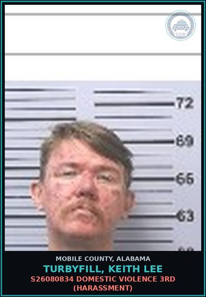 CCW arrest card for TURBYFILL, KEITH LEE in Mobile County: S26080834 DOMESTIC VIOLENCE 3RD (HARASSMENT)
