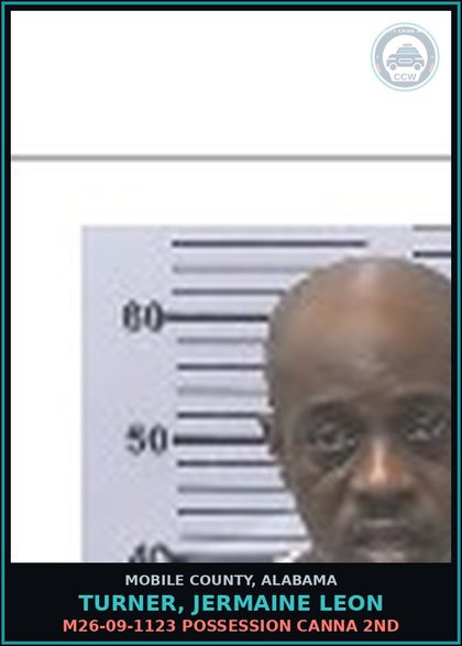 CCW arrest card for TURNER, JERMAINE LEON in Mobile County: M26-09-1123 POSSESSION Canna 2ND