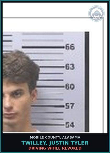 CCW arrest card for TWILLEY, JUSTIN TYLER in Mobile County: DRIVING WHILE REVOKED