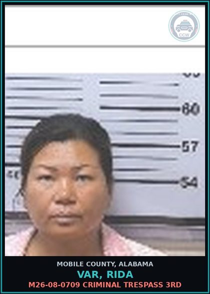 CCW arrest card for VAR, RIDA in Mobile County: M26-08-0709 CRIMINAL TRESPASS 3RD