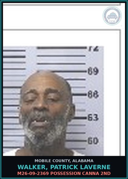 CCW arrest card for WALKER, PATRICK LAVERNE in Mobile County: M26-09-2369 POSSESSION Canna 2ND