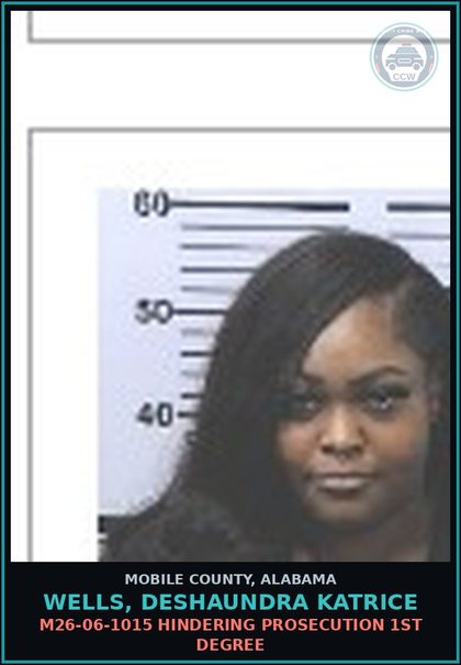 CCW arrest card for WELLS, DESHAUNDRA KATRICE in Mobile County: M26-06-1015 HINDERING PROSECUTION 1ST DEGREE