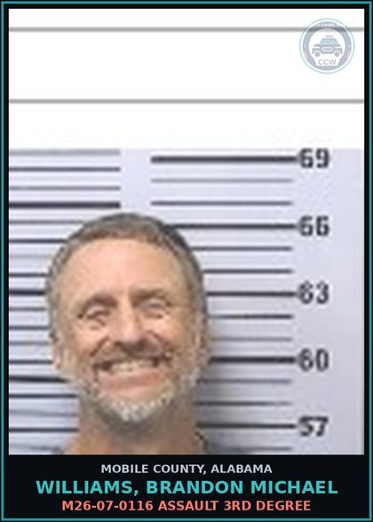 CCW arrest card for WILLIAMS, BRANDON MICHAEL in Mobile County: M26-08-2611 USE/POSSESSION DRUG PARAPHERNALIA