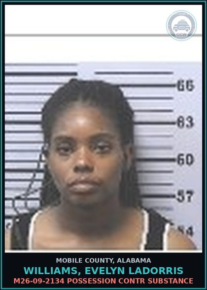 CCW arrest card for WILLIAMS, EVELYN LADORRIS in Mobile County: M26-09-2134 POSSESSION contr substance