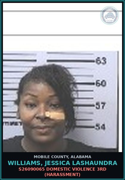 CCW arrest card for WILLIAMS, JESSICA LASHAUNDRA in Mobile County: S26090065 DOMESTIC VIOLENCE 3RD (HARASSMENT)