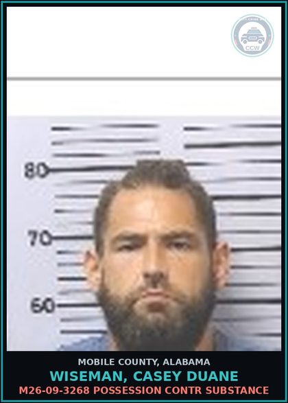 CCW arrest card for WISEMAN, CASEY DUANE in Mobile County: M26-09-3268 POSSESSION contr substance