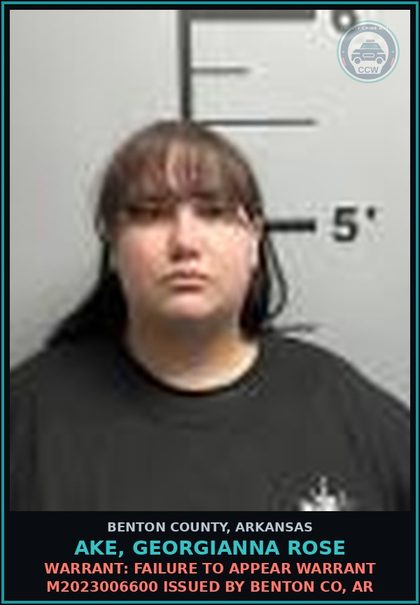 CCW arrest card for Ake, Georgianna Rose in Benton County: Warrant: Failure to Appear warrant M2023006600 issued by BENTON CO, AR