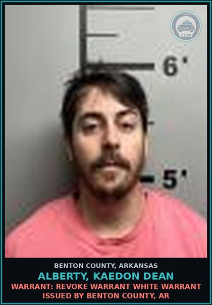 CCW arrest card for Alberty, Kaedon Dean in Benton County: Warrant: Revoke warrant WHITE WARRANT issued by BENTON COUNTY, AR