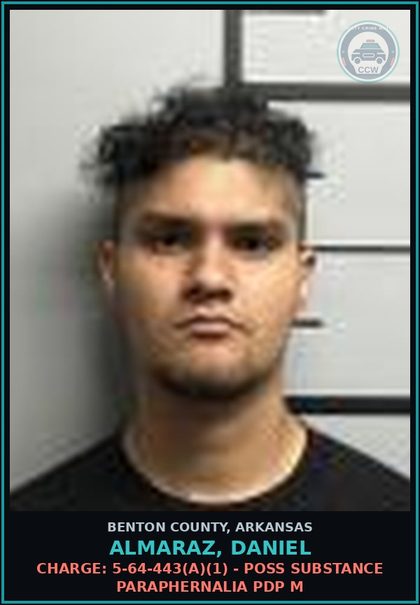 CCW arrest card for Almaraz, Daniel in Benton County: Charge: 5-64-443(a)(1) - POSS DRUG PARAPHERNALIA PDP M