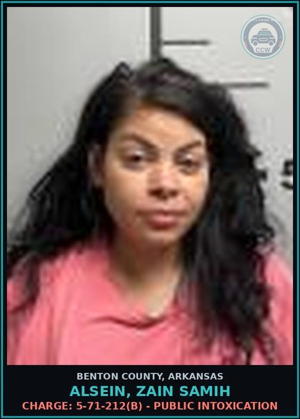 CCW arrest card for Alsein, Zain Samih in Benton County: Charge: 5-71-212(b) - PUBLIC INTOXICATION