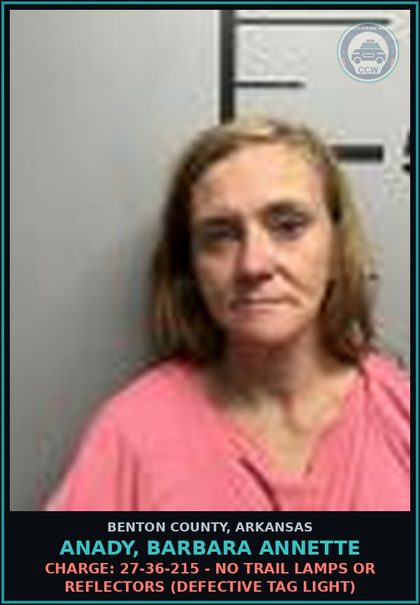 CCW arrest card for Anady, Barbara Annette in Benton County: Charge: 27-36-215 - NO TRAIL LAMPS OR REFLECTORS (DEFECTIVE TAG LIGHT)