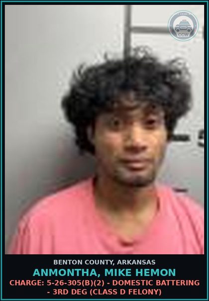 CCW arrest card for Anmontha, Mike Hemon in Benton County: Charge: 5-26-305(b)(2) - DOMESTIC BATTERING - 3RD DEG (Class D felony)