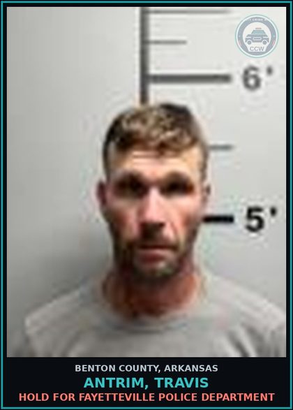 CCW arrest card for Antrim, Travis in Benton County: HOLD for Fayetteville Police Department