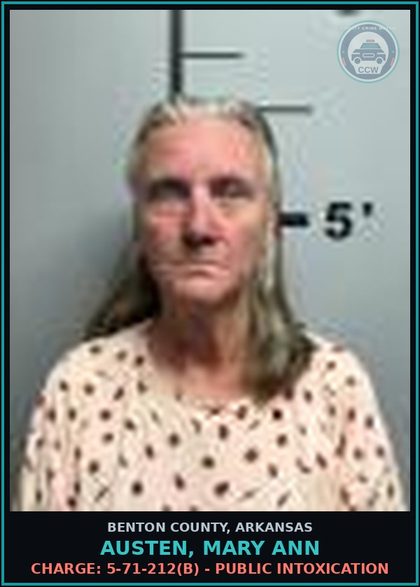 CCW arrest card for Austen, Mary Ann in Benton County: Charge: 5-71-212(b) - PUBLIC INTOXICATION