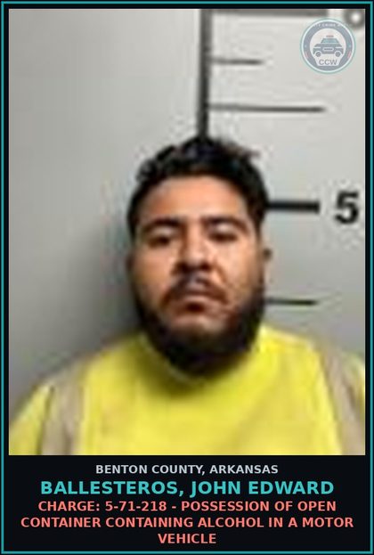 CCW arrest card for Ballesteros, John Edward in Benton County: Charge: 5-65-103 1ST DRUG - DRIVING UNDER INFLUENCE DRUGS