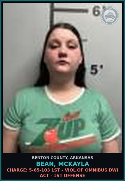 CCW arrest card for Bean, Mckayla in Benton County: Charge: 5-65-103 1ST - VIOL OF OMNIBUS DWI ACT - 1ST OFFENSE