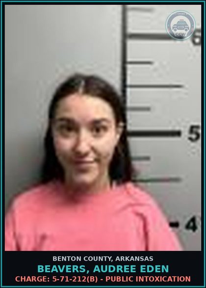 CCW arrest card for Beavers, Audree Eden in Benton County: Charge: 5-71-212(b) - PUBLIC INTOXICATION