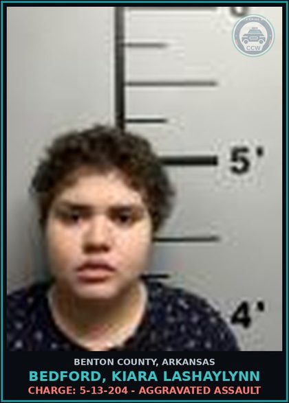 CCW arrest card for Bedford, Kiara Lashaylynn in Benton County: Charge: 5-13-301(a) - TERRORISTIC THREATENING - 1ST DEGREE / THREATENS PHYSICAL INJURY OR PROPERTY DAMAGE
