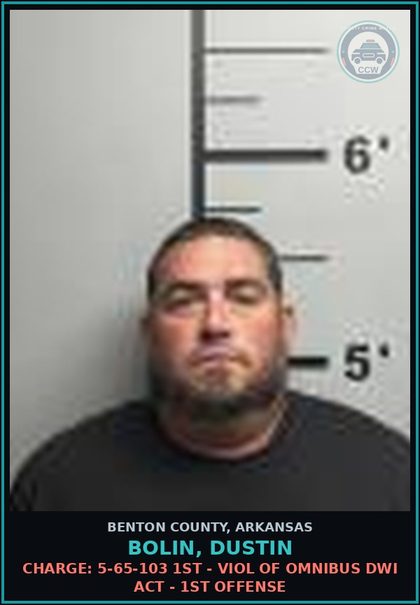 CCW arrest card for Bolin, Dustin in Benton County: Charge: 5-71-218 - Possession of open container containing alcohol in a motor vehicle