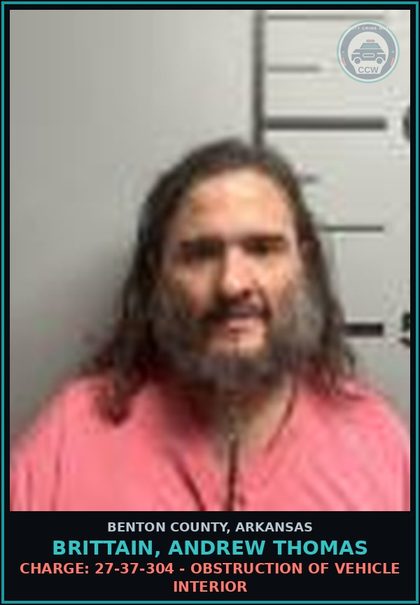 CCW arrest card for Brittain, Andrew Thomas in Benton County: Charge: 27-37-304 - OBSTRUCTION OF VEHICLE INTERIOR