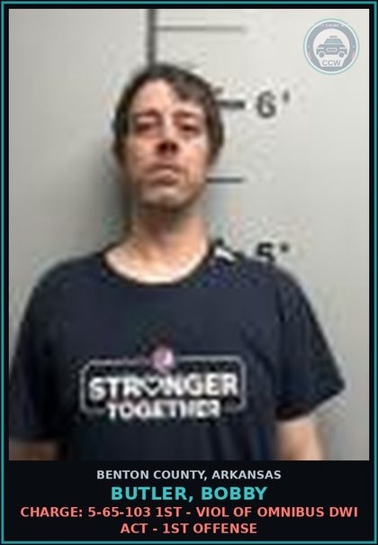 CCW arrest card for Butler, Bobby in Benton County: Charge: 5-65-103 1ST - VIOL OF OMNIBUS DWI ACT - 1ST OFFENSE