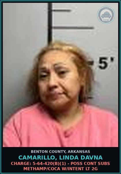 CCW arrest card for Camarillo, Linda Davna in Benton County: Charge: 5-64-420(b)(1) - POSS CONT SUBS METH/COCA W/INTENT LT 2G