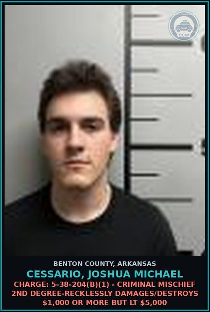 CCW arrest card for Cessario, Joshua Michael in Benton County: Charge: 5-38-204(b)(1) - CRIMINAL MISCHIEF 2ND DEGREE-RECKLESSLY DAMAGES/DESTROYS $1,000 OR MORE BUT LT $5,000