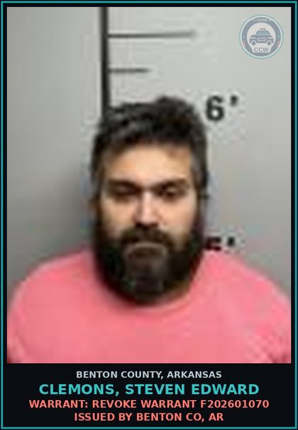 CCW arrest card for Clemons, Steven Edward in Benton County: Warrant: Revoke warrant F202601070 issued by BENTON CO, AR