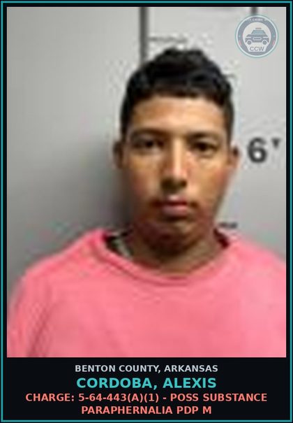 CCW arrest card for Cordoba, Alexis in Benton County: Charge: 5-64-443(a)(1) - POSS DRUG PARAPHERNALIA PDP M