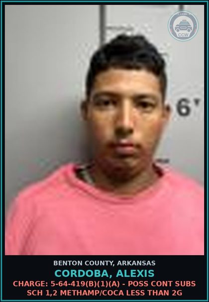 CCW arrest card for Cordoba, Alexis in Benton County: Charge: 5-64-419(b)(1)(A) - POSS CONT SUBS SCH 1,2 METH/COCA LESS THAN 2G