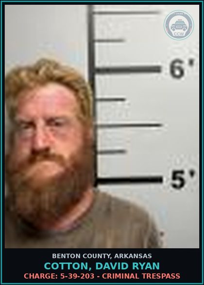 CCW arrest card for Cotton, David Ryan in Benton County: Charge: 5-39-203 - CRIMINAL TRESPASS