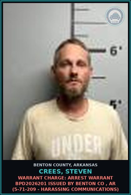 CCW arrest card for Crees, Steven in Benton County: Warrant Charge: Arrest warrant BPD2026201 issued by BENTON CO , AR (5-71-209 - HARASSING COMMUNICATIONS)