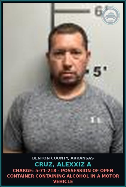 CCW arrest card for Cruz, Alexxiz A in Benton County: Charge: 5-71-218 - Possession of open container containing alcohol in a motor vehicle