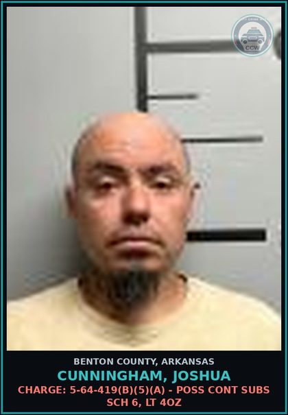 CCW arrest card for Cunningham, Joshua in Benton County: Warrant: Failure to Appear warrant FT2600300 issued by Benton, AR
