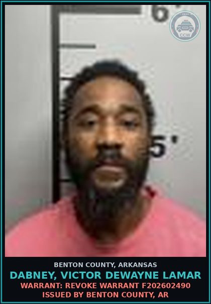 CCW arrest card for Dabney, Victor Dewayne Lamar in Benton County: Warrant: Revoke warrant F202602490 issued by BENTON COUNTY, AR
