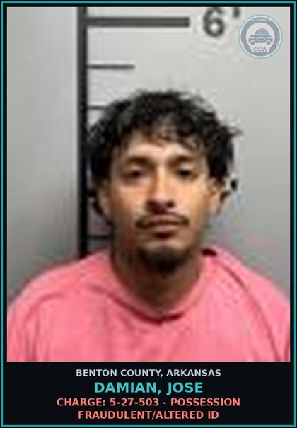 CCW arrest card for Damian, Jose in Benton County: Charge: 5-27-503 - POSSESSION FRAUDULENT/ALTERED ID