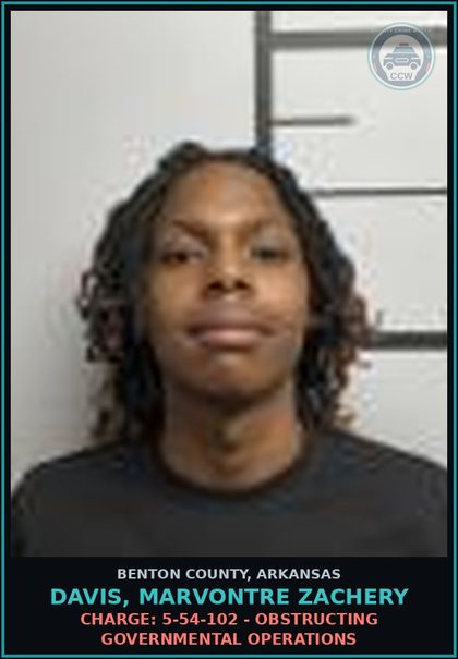 CCW arrest card for Davis, Marvontre Zachery in Benton County: Charge: 5-54-102 - OBSTRUCTING GOVERNMENTAL OPERATIONS
