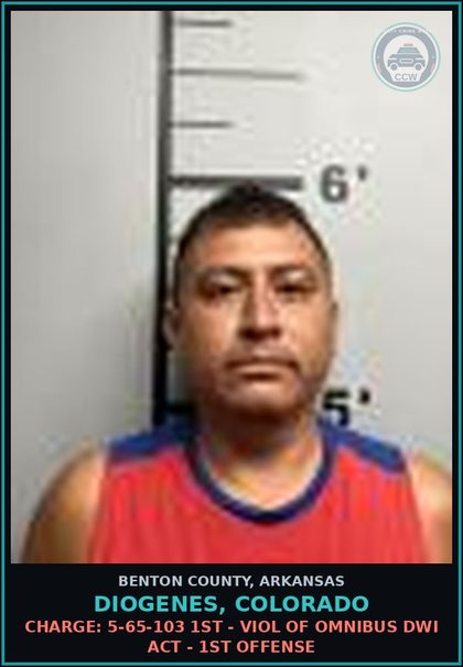 CCW arrest card for Diogenes, Colorado in Benton County: Charge: 5-65-103 1ST - VIOL OF OMNIBUS DWI ACT - 1ST OFFENSE