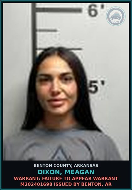 CCW arrest card for Dixon, Meagan in Benton County: Warrant: Failure to Appear warrant M202401698 issued by Benton, AR