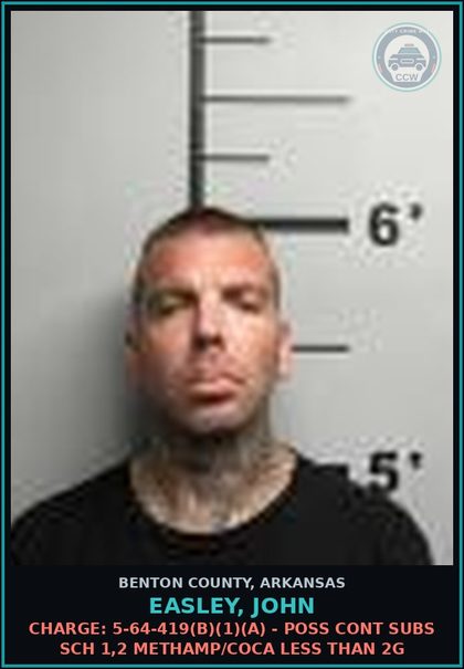 CCW arrest card for Easley, John in Benton County: Charge: 5-64-419(b)(1)(A) - POSS CONT SUBS SCH 1,2 METH/COCA LESS THAN 2G