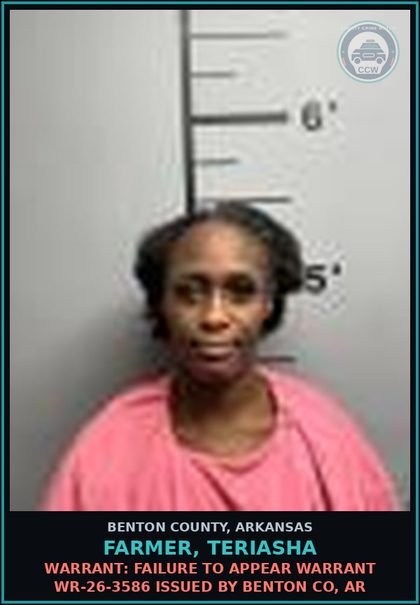 CCW arrest card for Farmer, Teriasha in Benton County: Warrant: Failure to Appear warrant WR-26-3586 issued by BENTON CO, AR