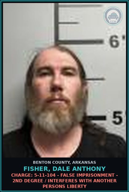 CCW arrest card for Fisher, Dale Anthony in Benton County: Charge: 5-11-104 - FALSE IMPRISONMENT - 2ND DEGREE / INTERFERES WITH ANOTHER PERSONS LIBERTY