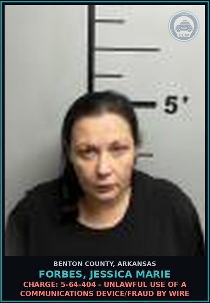 CCW arrest card for Forbes, Jessica Marie in Benton County: Charge: 5-64-419(b)(5)(A) - POSS CONT SUB SCH 6, LT 4 OZ