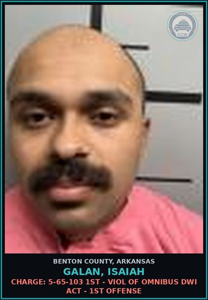 CCW arrest card for Galan, Isaiah in Benton County: Charge: 5-65-103 1ST - VIOL OF OMNIBUS DWI ACT - 1ST OFFENSE