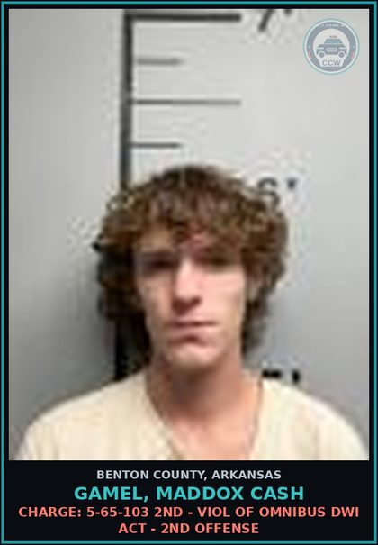 CCW arrest card for Gamel, Maddox Cash in Benton County: Charge: 5-64-443(a)(1) - POSS DRUG PARAPHERNALIA PDP M