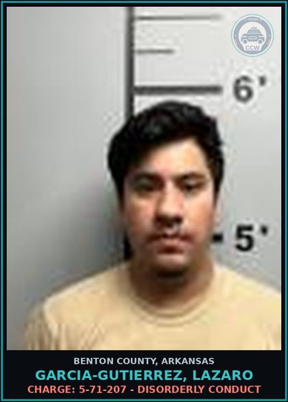 CCW arrest card for Garcia-Gutierrez, Lazaro in Benton County: Charge: 5-71-212(b) - PUBLIC INTOXICATION