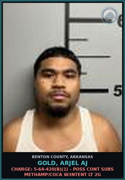 CCW arrest card for Gold, Arjel Aj in Benton County: Charge: 5-64-420(b)(1) - POSS CONT SUBS METH/COCA W/INTENT LT 2G