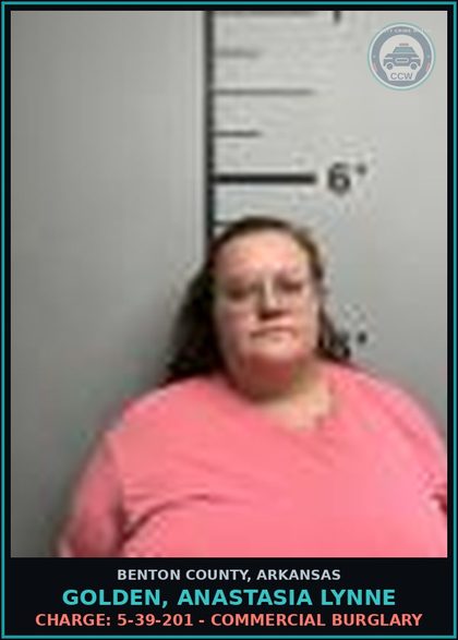 CCW arrest card for Golden, Anastasia Lynne in Benton County: Warrant: Failure to Appear warrant WR-26-4001 issued by BENTON CO, AR